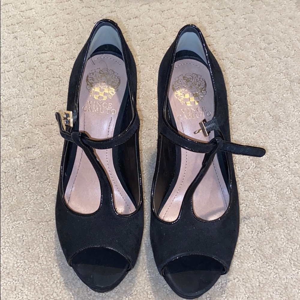 Black suede Vince Camuto wedges